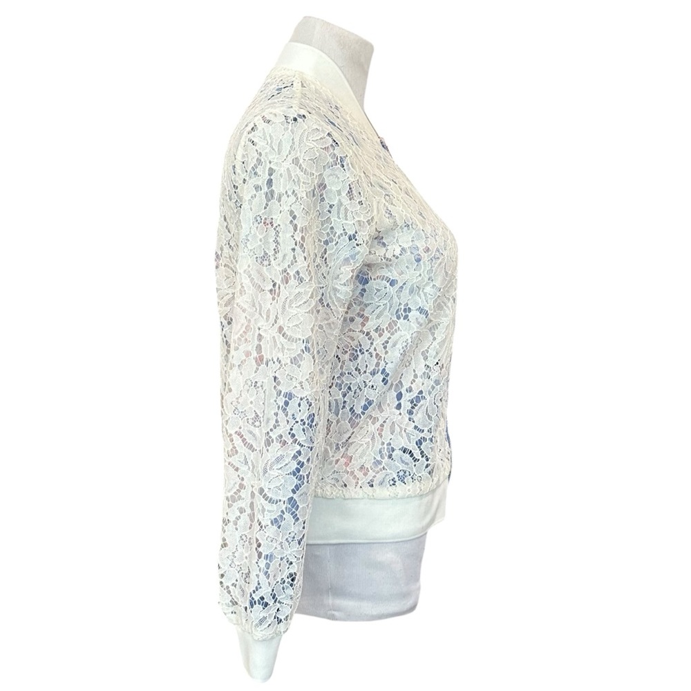 Candies Blue & White Floral Crochet Lace Reversible Bomber Jacket - Size Medium - Picture 12 of 14